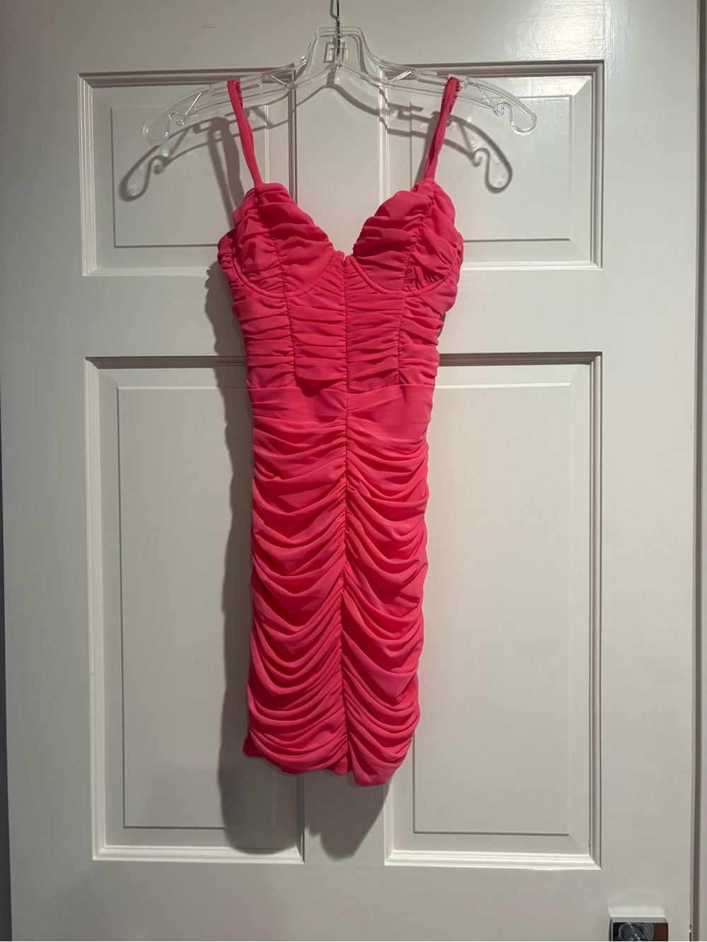 Ruched Hot Pink Spaghetti-Strap Mini Dress
